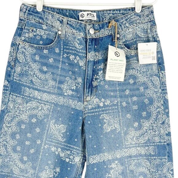 PTCL Ethical Clothing Women's Blue Paisley Bandana Print Jeans Sz 30 Raw Hem NWT - Picture 3 of 9